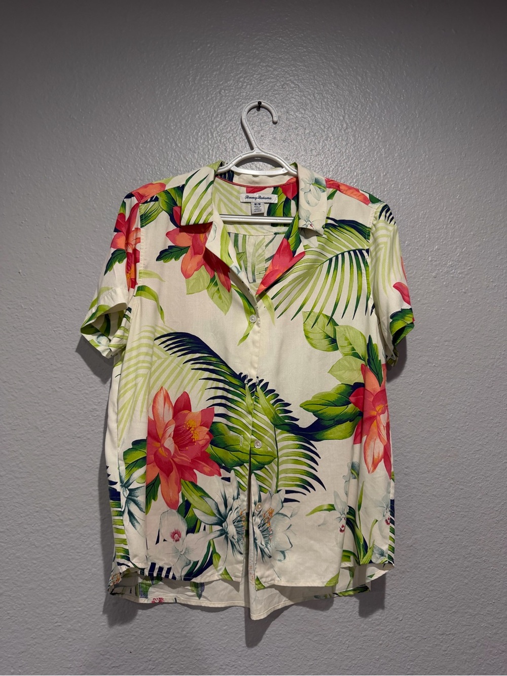 Tommy Bahama 100% Silk Tropical Floral Camp Shirt - Cream with Pink & Green